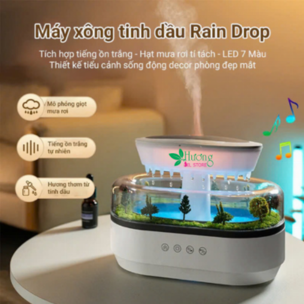 [NEW] Máy Xông Tinh Dầu mẫu  Rain Drop 250ml mô phỏng mưa rơi và tiểu cảnh - 3 bản nhạc tiếng ồn trắng